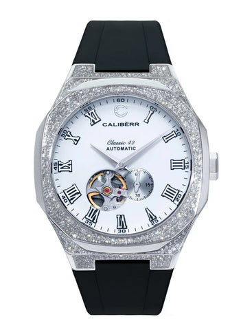 Classic 42 Diamond-Set Stainless Steel Case White Dial Black Band - CALIBÉRR - Watches