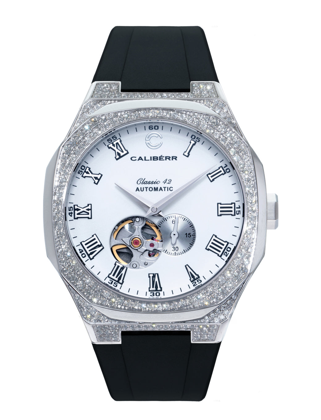 Classic 42 Diamond-Set Stainless Steel Case White Dial Black Band - CALIBÉRR - Watches