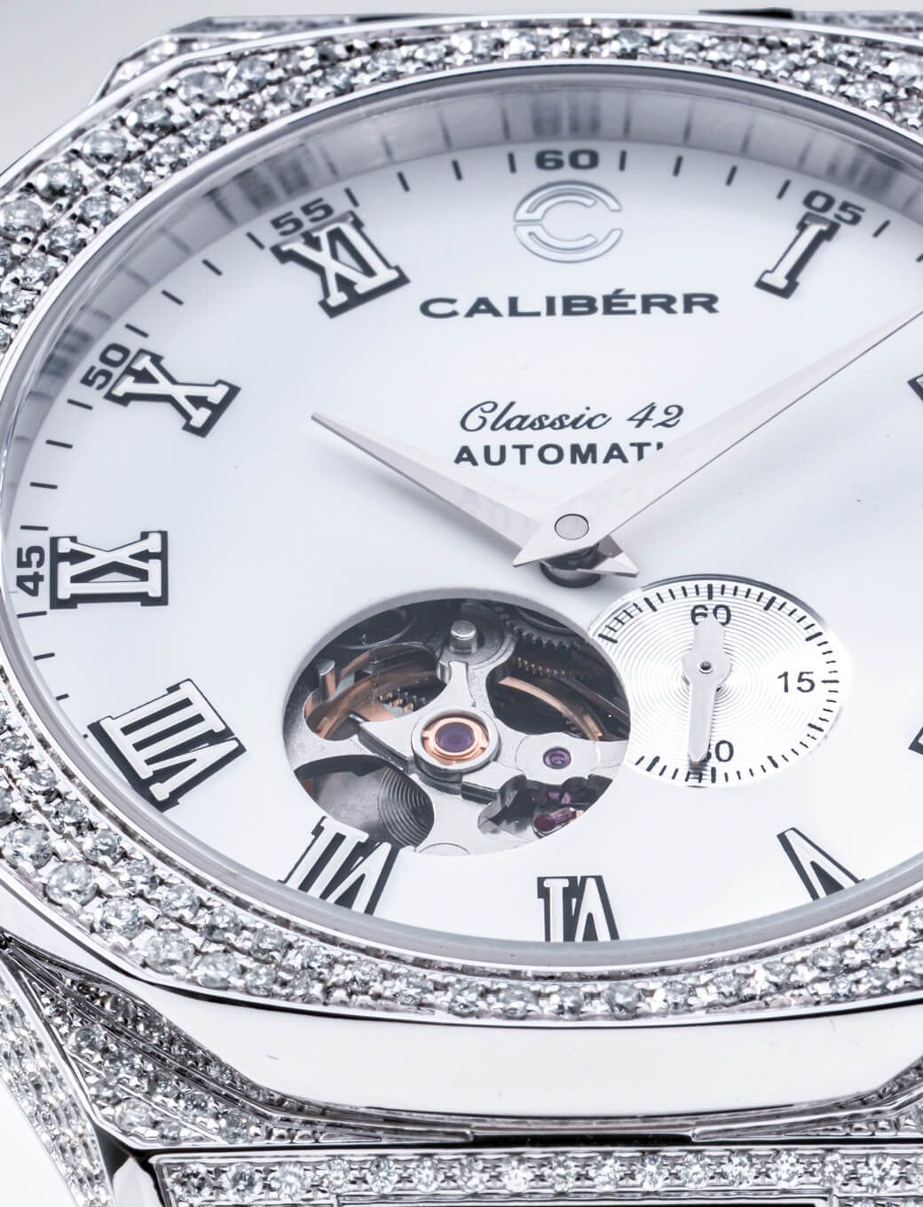 Classic 42 Diamond-Set Stainless Steel Case White Dial Black Band - CALIBÉRR - Watches